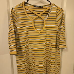 Doe & Rae Mustard and White Striped Short Sleeve Top